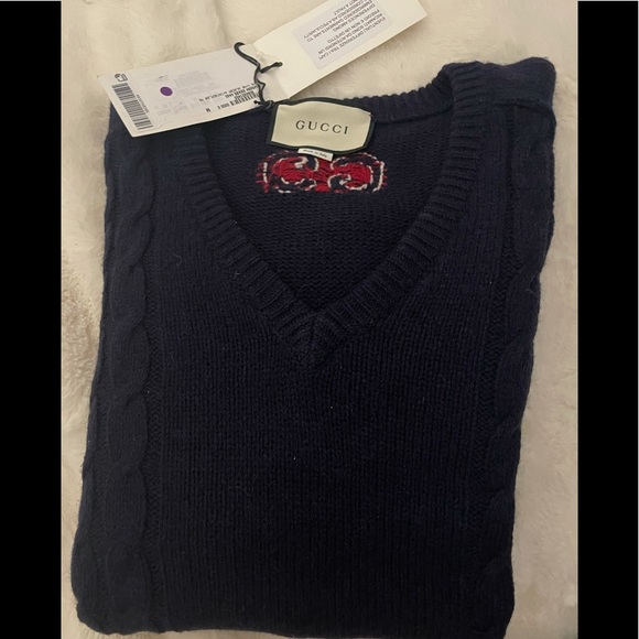 Gucci Cable Knit Wool Cashmere V-neck Sweater Sz M - Picture 7 of 8